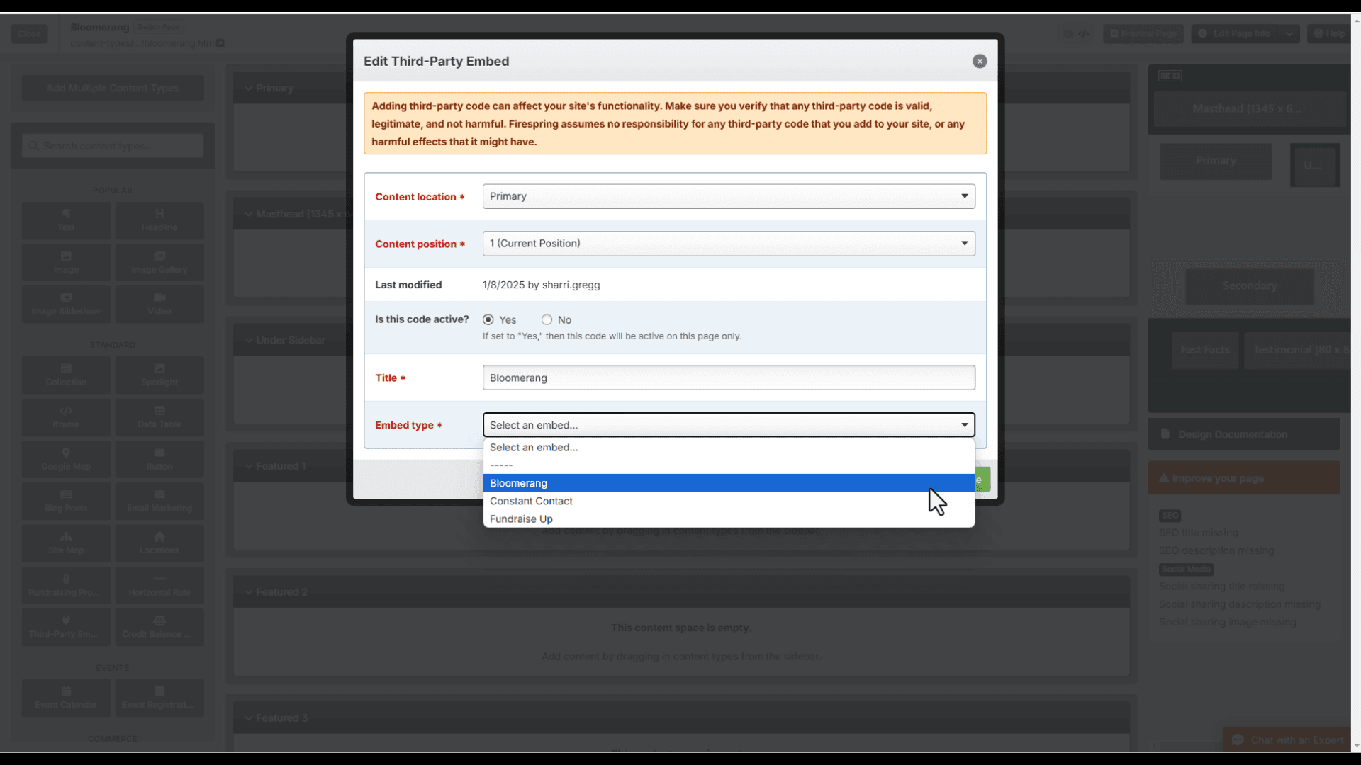 Embedding a Bloomerang Form