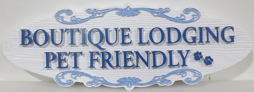 T29013A - Carved Sign for the "Boutique Lodging Pet Friendly", 2.5-D Raised Text with Artwork