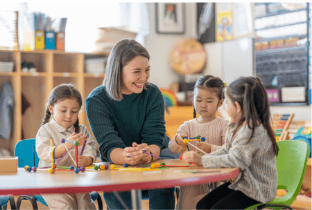 Teacher at table helping three elementary school students with models