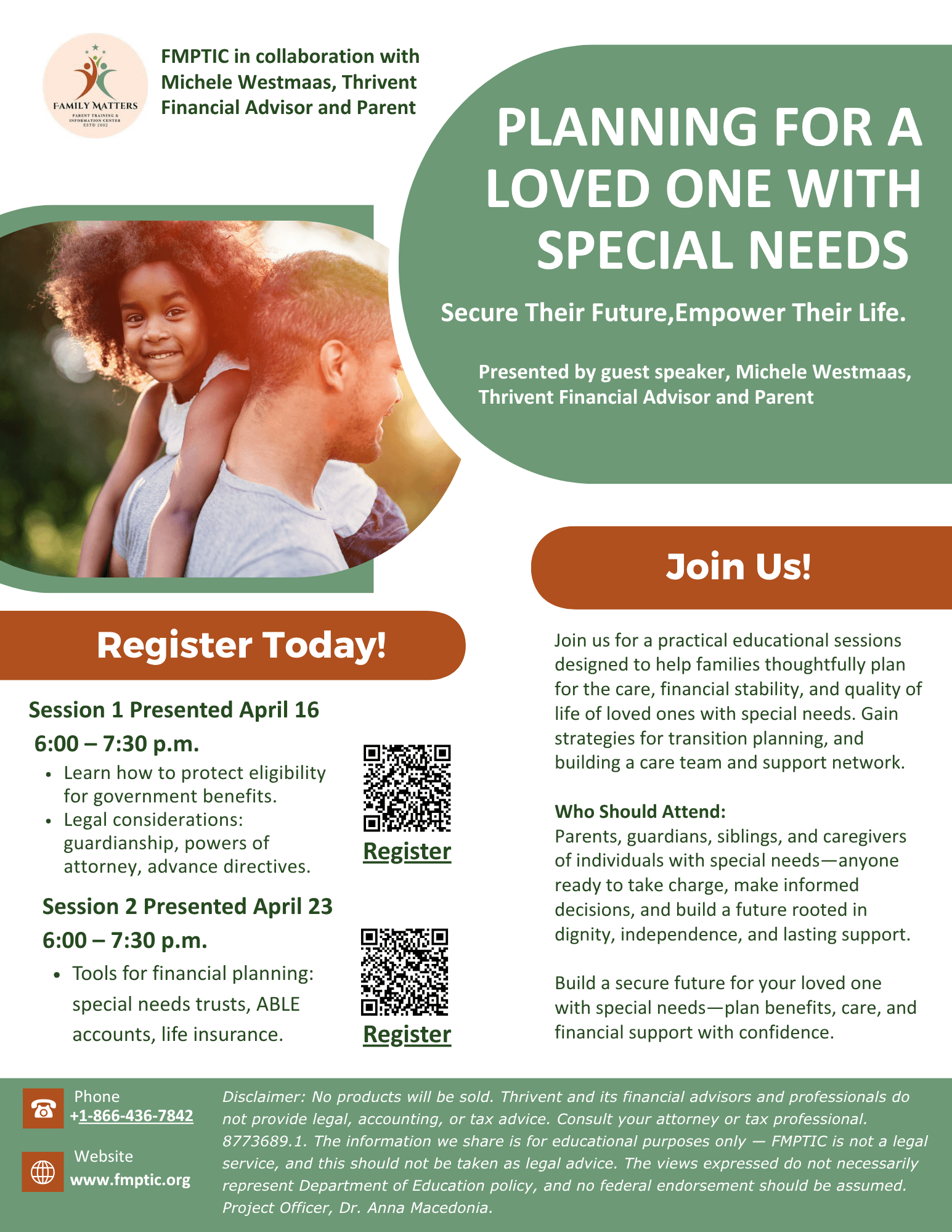 Promotional flyer for a two-part educational series titled “Planning for a Loved One with Special Needs,” hosted by FMPTIC in collaboration with Michele Westmaas, a Thrivent Financial Advisor and parent. The flyer features a photo of a smiling young child