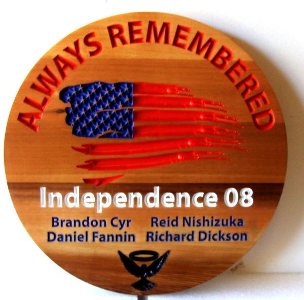MP-3537 - Engraved  Memorial Plaque "Always Remembered" with US Flag,Personalized, Cedar Wood