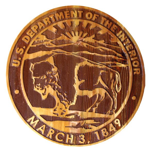 U30184 – Carved 2.5-D Redwood Plaque of the Seal of the Department of the Interior, with Bison
