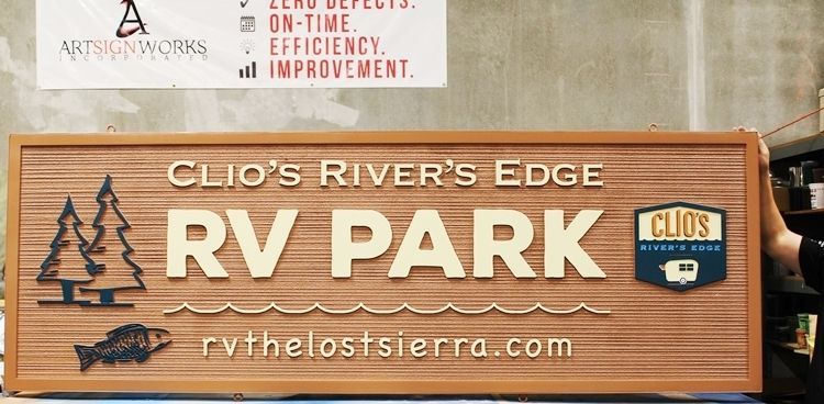 G16300 - Carved and Sandblasted Wood Grain   2.5-D  Sign for Clio's Rivers Edge RV Park, with Trees, Fish and Logo as Artwork 