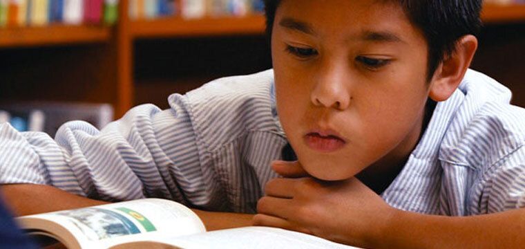 Young boy reading book