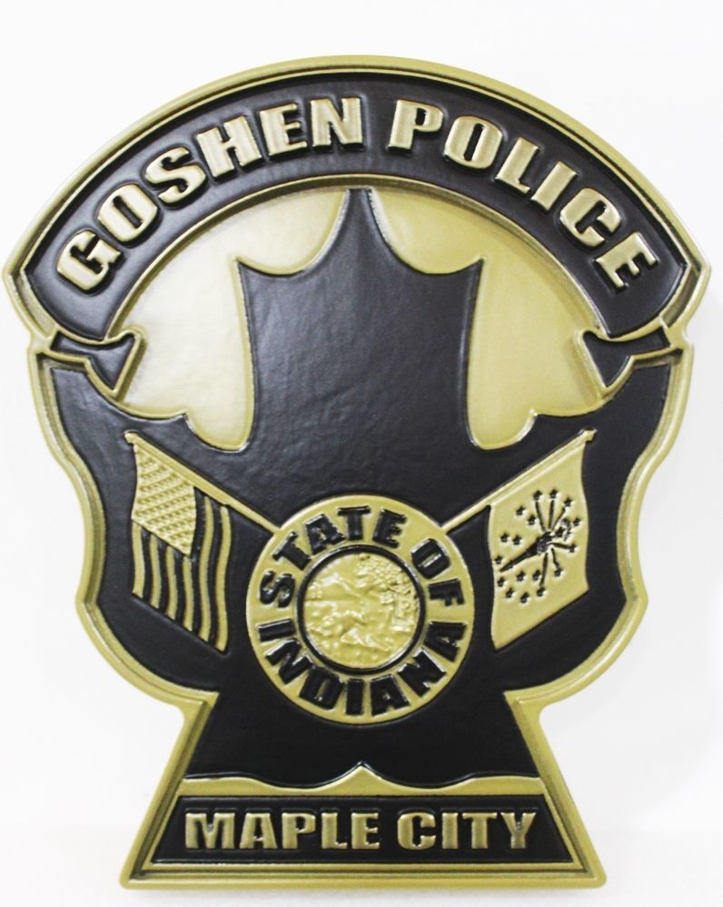PP-2475- Carved 2.5-D Multi-Level Plaque of the Shoulder Patch of the Police Department of Goshen, Indiana