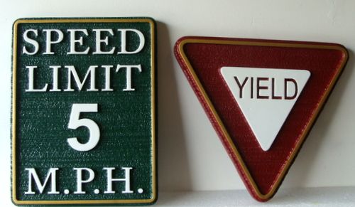 H17258 -  Carved and Engraved HDU "Speed Limit 5 MPH" and "YIELD"  Traffic Signs 