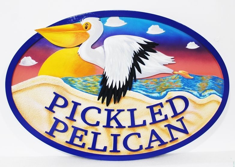 L21603A -  Carved and Sandblasted 2.5-D Multi-level relief  Coastal Residence Name Sign "Pickled Pelican", with a Flying Pelican as Artwork