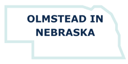 outline shape of the state of Nebraska in yellow with Olmstead in Nebraska written across the state