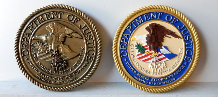 U30188 - Two Department of Justice  Carved 3-D  Wall Plaque, Bronze and Full-Color