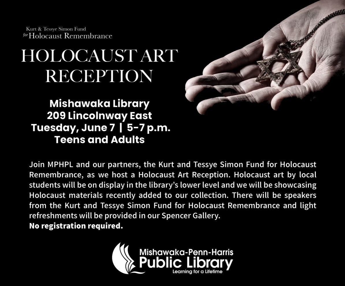 Holocaust Art Reception, Mishawaka Library, Tuesday June 7