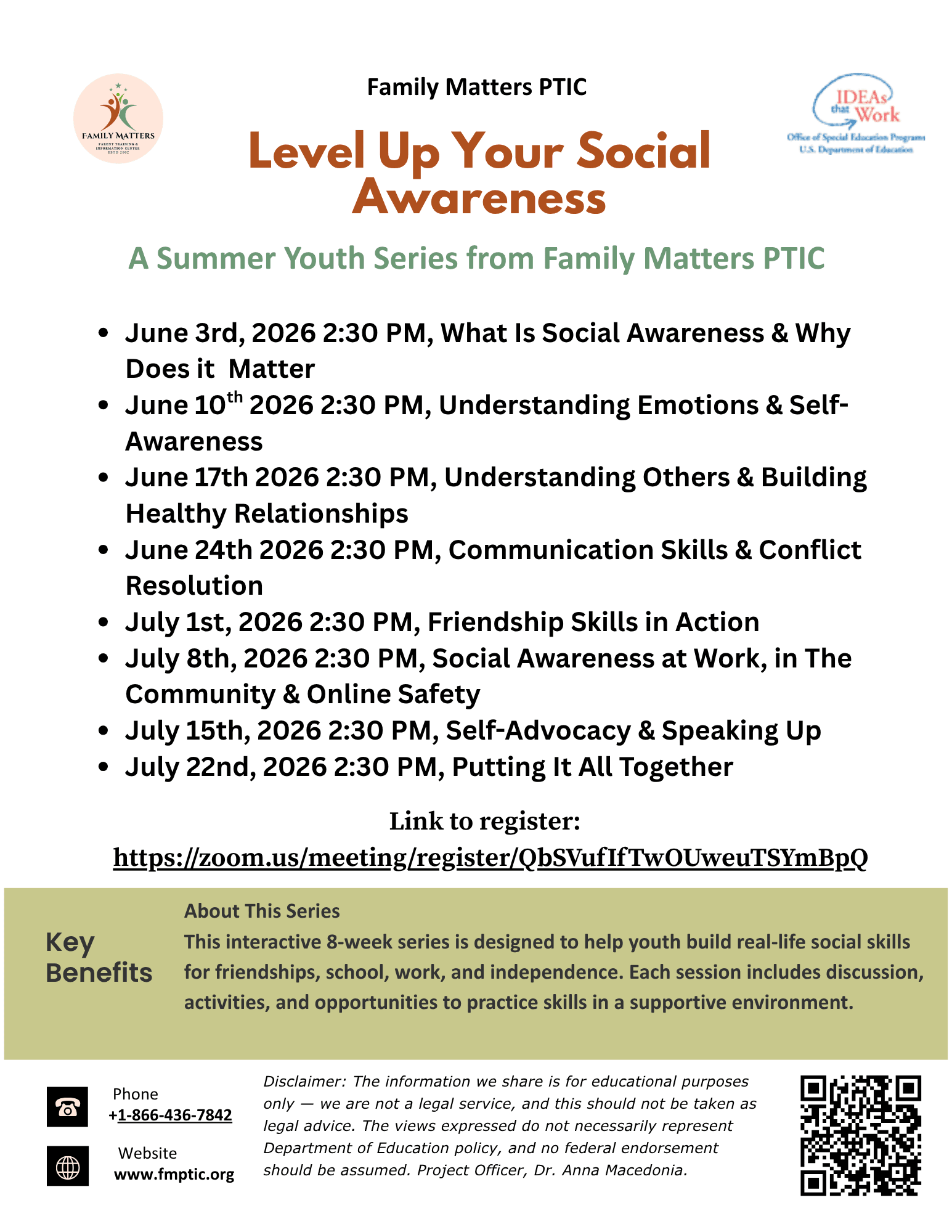 “Level Up Your Social Awareness” from Family Matters PTIC, promoting an 8-week virtual summer youth series. Sessions take place weekly at 2:30 PM from June 3 through July 22, 2026. Topics include social awareness, understanding emotions, building relation