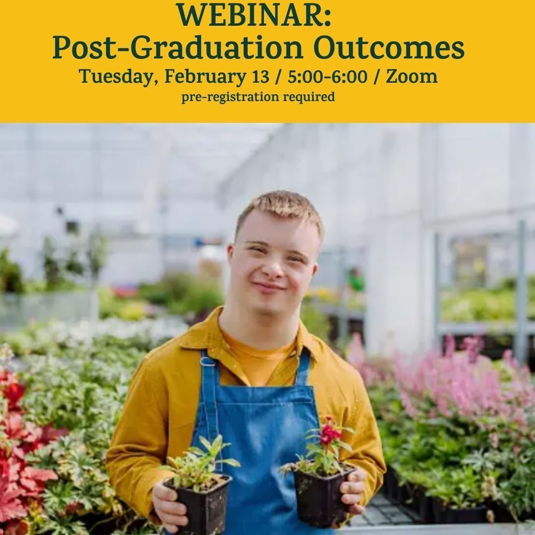 A person wears a yellow sweatshirt and a blue apron. He holds plants and stands in a greenhouse. The webinar details are written on the top.