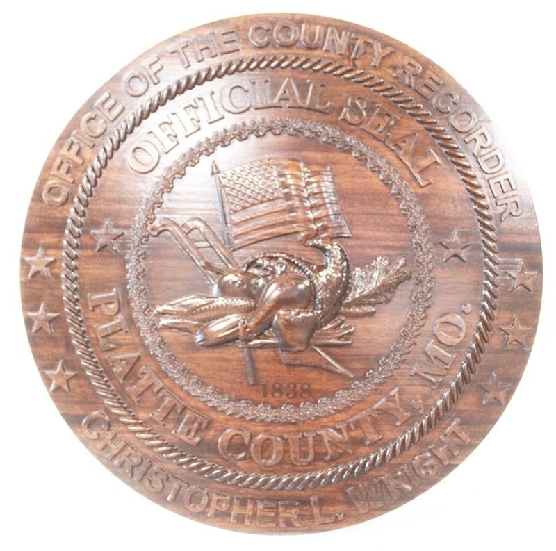 CP-1445 - Carved Mahogany Wall Plaque of the  Seal of Platte County, Missouri, for the Office of County Recorder