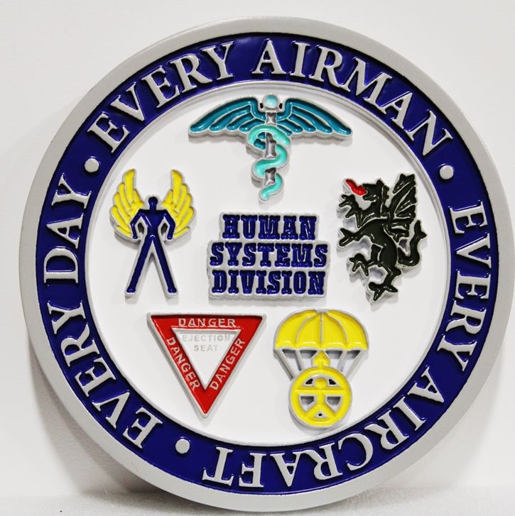 LP-7576 - Carved Plaque of the Crest of the Human Systems Division of the US Air Force "Every Airman, Every Aircraft, Every Day", 2,5-D Artist-Painted