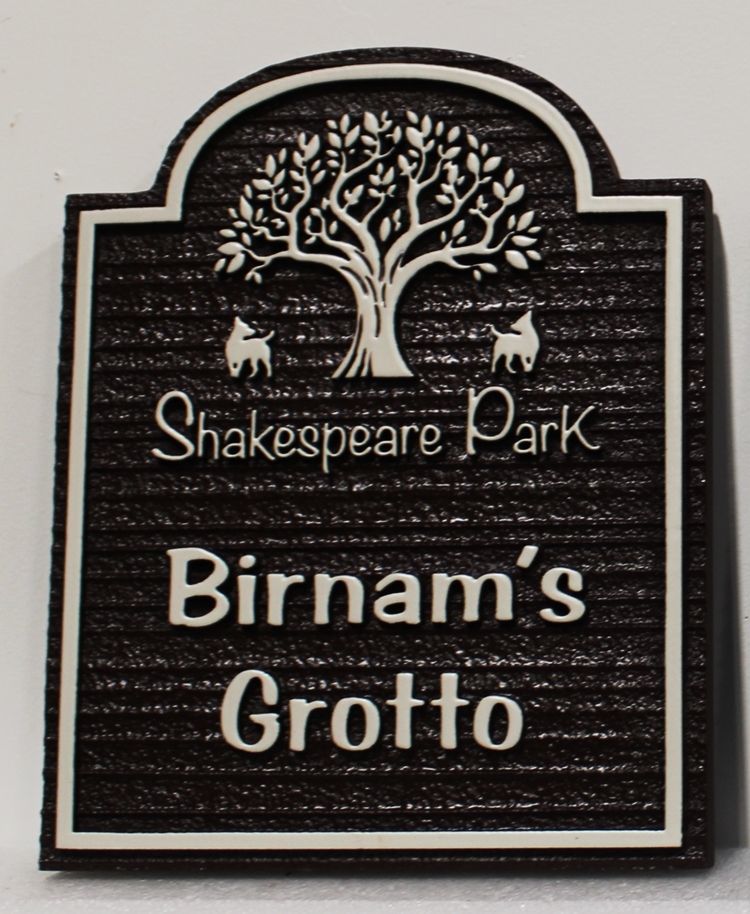 GA16589 - Carved High-Density-Urethane (HDU)  Birnam's Grotto Identification Sign for Shakespeare Park