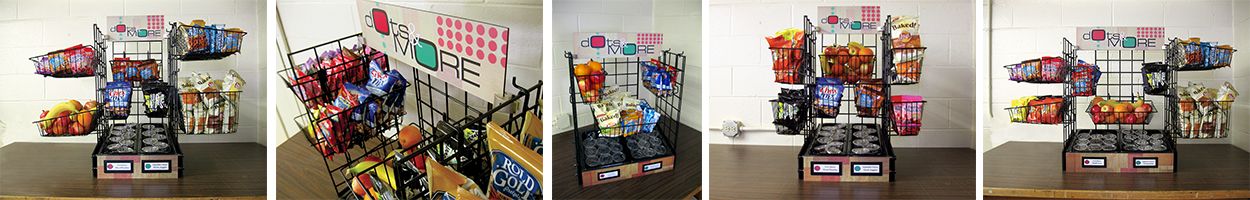 5 images of school food holder with baskets, custom signs, serving line solution for smart snack