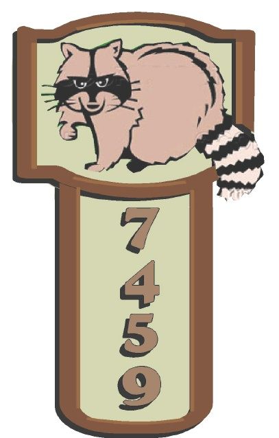 M22922 - Design of a  HDU T-Shaped Cabin Address Sign with a Carved Raccoon