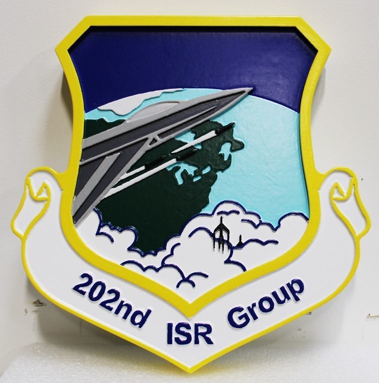 LP-4106 - Carved 2.5-D HDU Plaque of the Shield Crest  of the USAF's 202th Intelligence, Surveillance, and Reconnaissance Group
