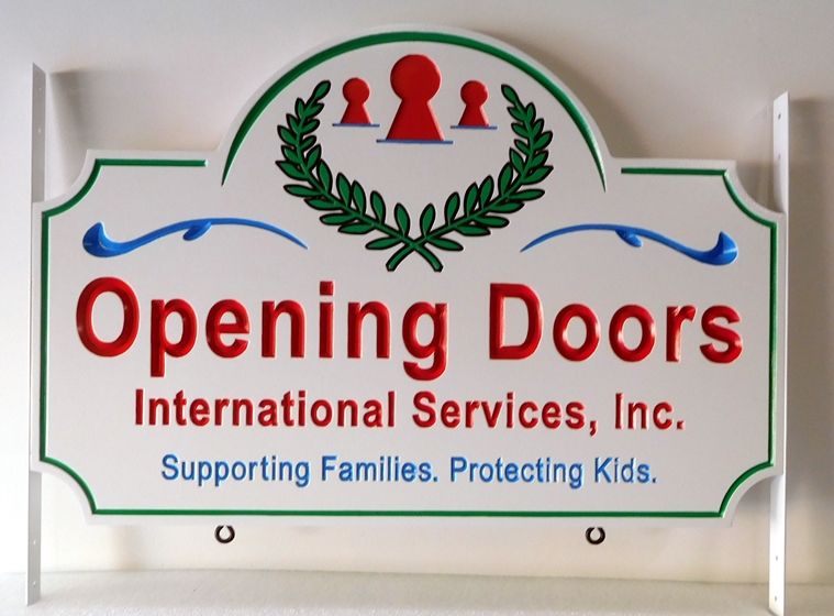 SA28804 - Engraved HDU Sign for the "Opening Doors International Services, Inc.", with Wreath and Keyholes 