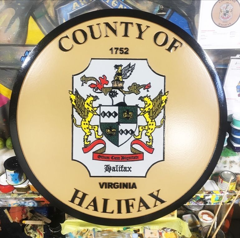 CP-1233 - Carved 2.5-D Raised Relief Plaque of the Seal of the County of Halifax,  Virginia.