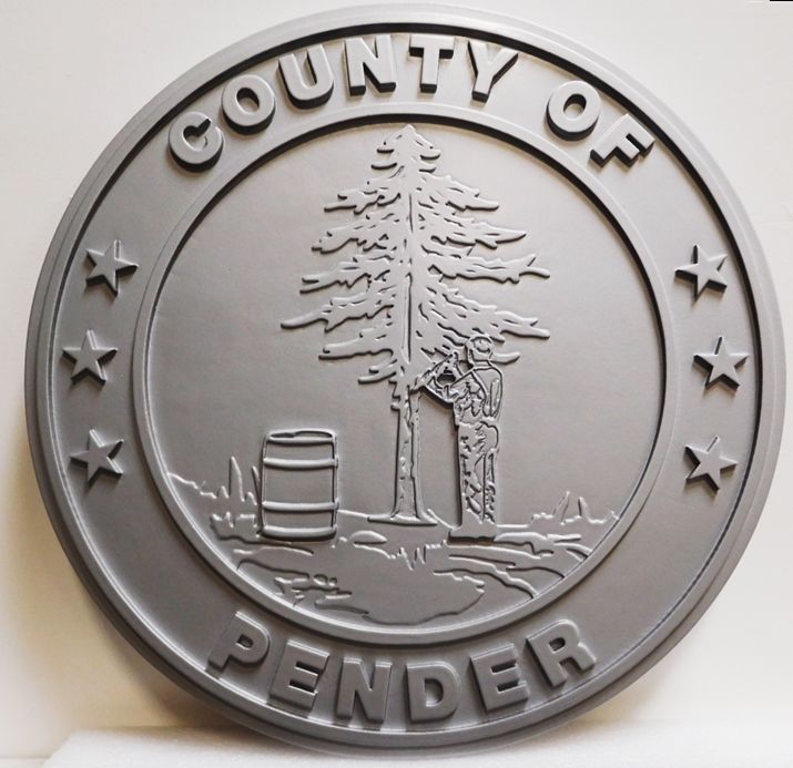 CP-1430 - Carved  Plaque of the Seal of the County of Pender, North Carolina, 2.5-D, Painted Gray