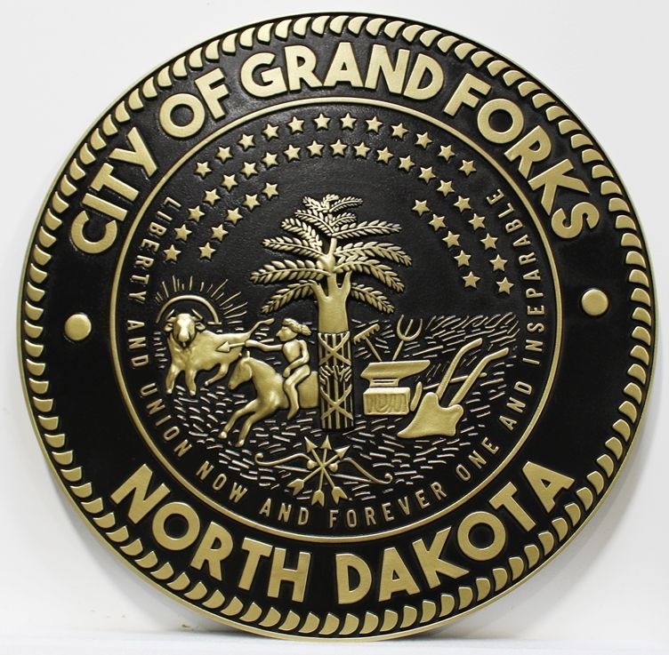 DP-1503 - Carved 3-D Bas-Relief Brass-Plated Plaque of the Seal of the City of Grand Forks, North Dakota