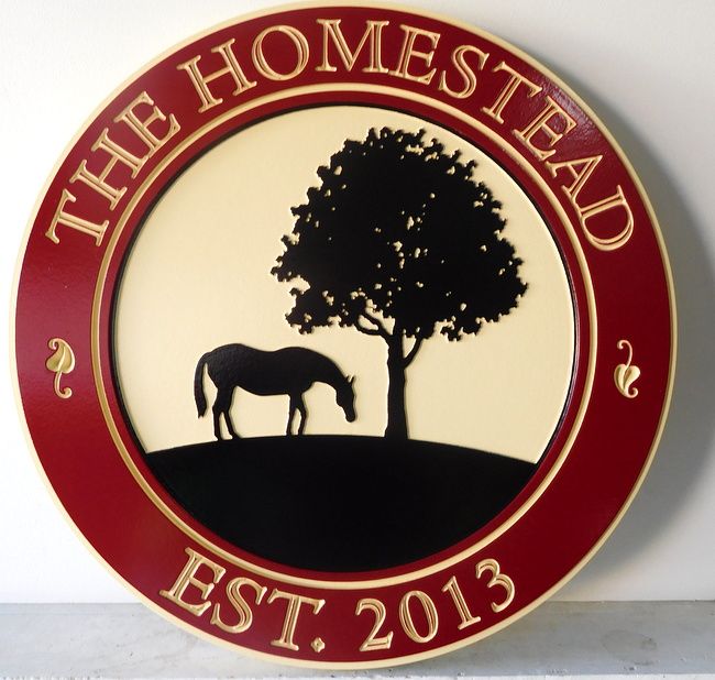 O24890 - Farm Sign "The Homestead" with Silhouette of Land, Tree and Horse