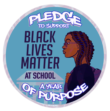 blue round button with brown girl's face and word black lives matter 