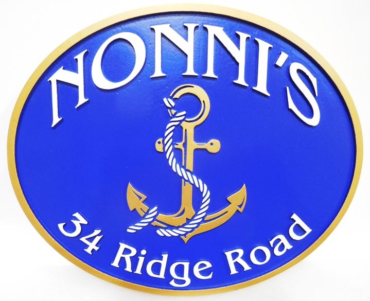 L21759 - Carved Sign for the "Nonni's" Seashore Home  features a  Ship's Anchor as Artwork 