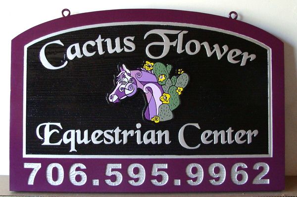 P25149 - Carved HDU Equestrian Center Sign, "Cactus Flower", with Stylized Horse's Head and Cactus 