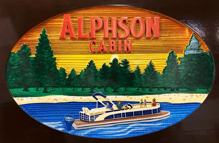 M22511 - Carved and Sandblasted Wood Grain HDU "Alphson Cabin" , 2.5-D Artist-Painted, with Cruising Houseboat and Tree Background as Artwork 