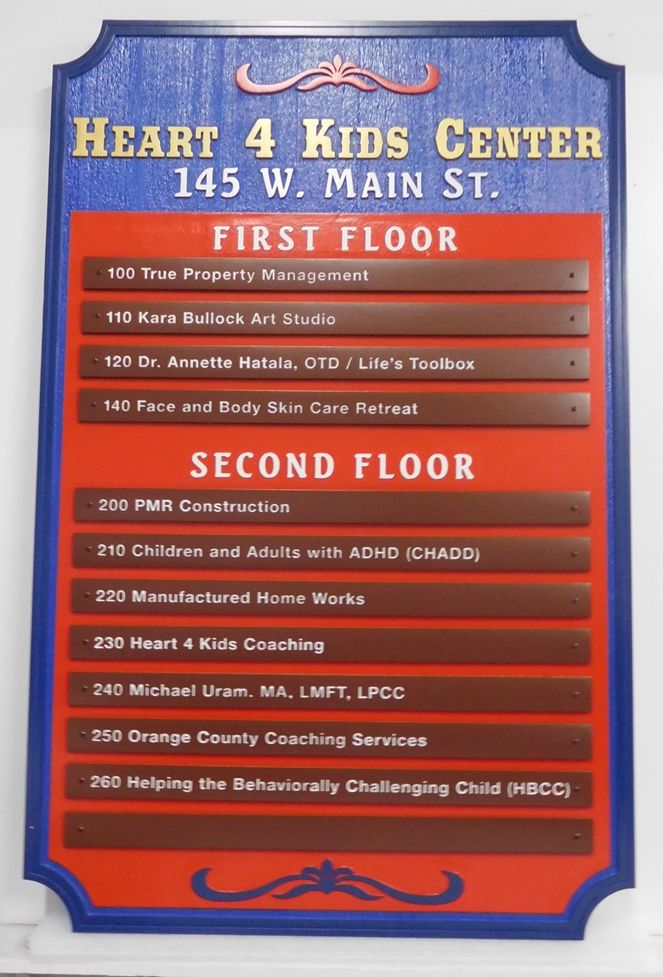 B11381 - Carved Cedar "Heart 4 Kids Center" Professional Offices Directory Sign, with Changeable Tenant Plates