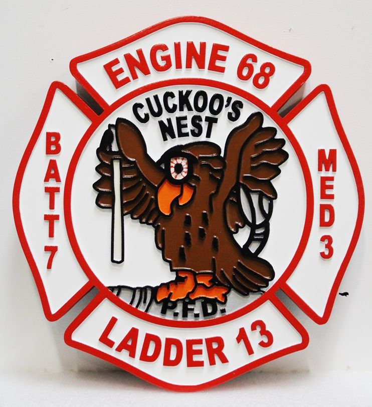 QP-1172 - Carved 2.5-D Outline Relief HDU Plaque of the Badge of Engine 68, Ladder 13 of a City Fire Department 
