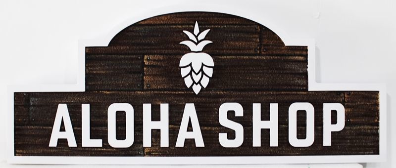 S28344 - Carved 2.5-D Raised Reloef and Sandblasted Wood Grain HDU Sign for the Aloha Shop, with a Pineapple as Artwork 
