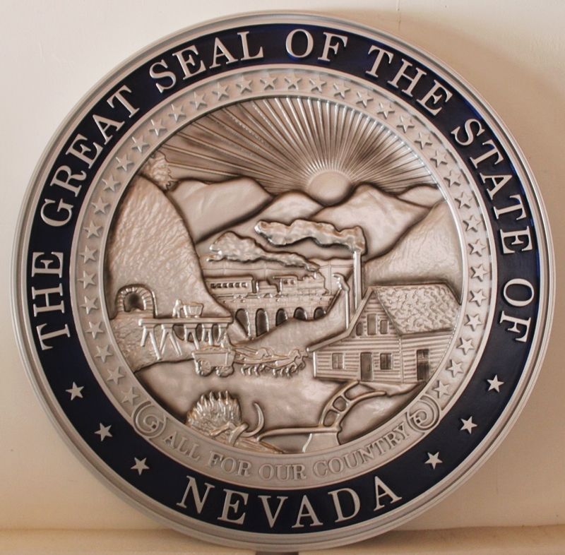 BP-1330A - Carved 3-D Painted Wall Plaque of the Seal of the State of Nevada, Pained Light Bronze and Dark Blue