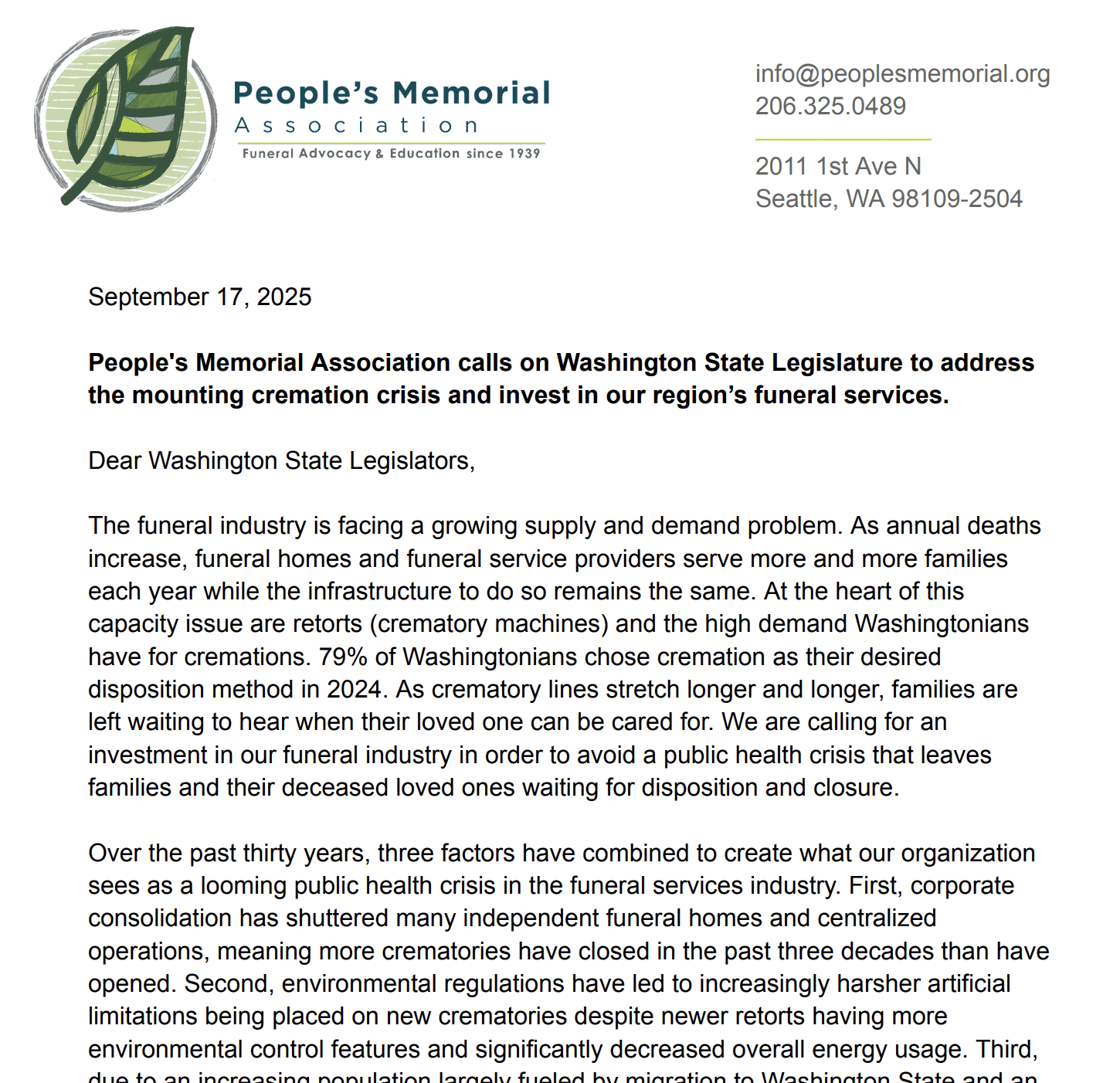 PMA Letter to WA State Legislators September 17, 2025