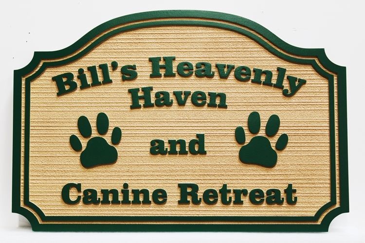 I18622 - Carved and Sandblasted Wood Grain 2.5-D  Sign for "Bill's Heavenly Haven and Canine Retreat", with Dog's Prints as Artwork   