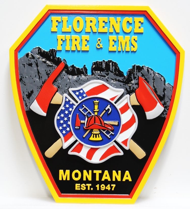 QP-2143 - Carved 2.5-D multi-Level Raised Relief HDU Plaque of the Badge of the Fire and Emergency Service Department of Florence, Montana  