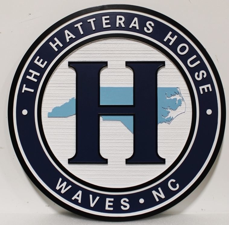 L22201 -  Carved and Sandblasted 2.5-D Multi-level Relief HDU  Coastal Residence  Name Sign "The Hatteras House" , with an "H" and a Map of North Carolina as Artwork