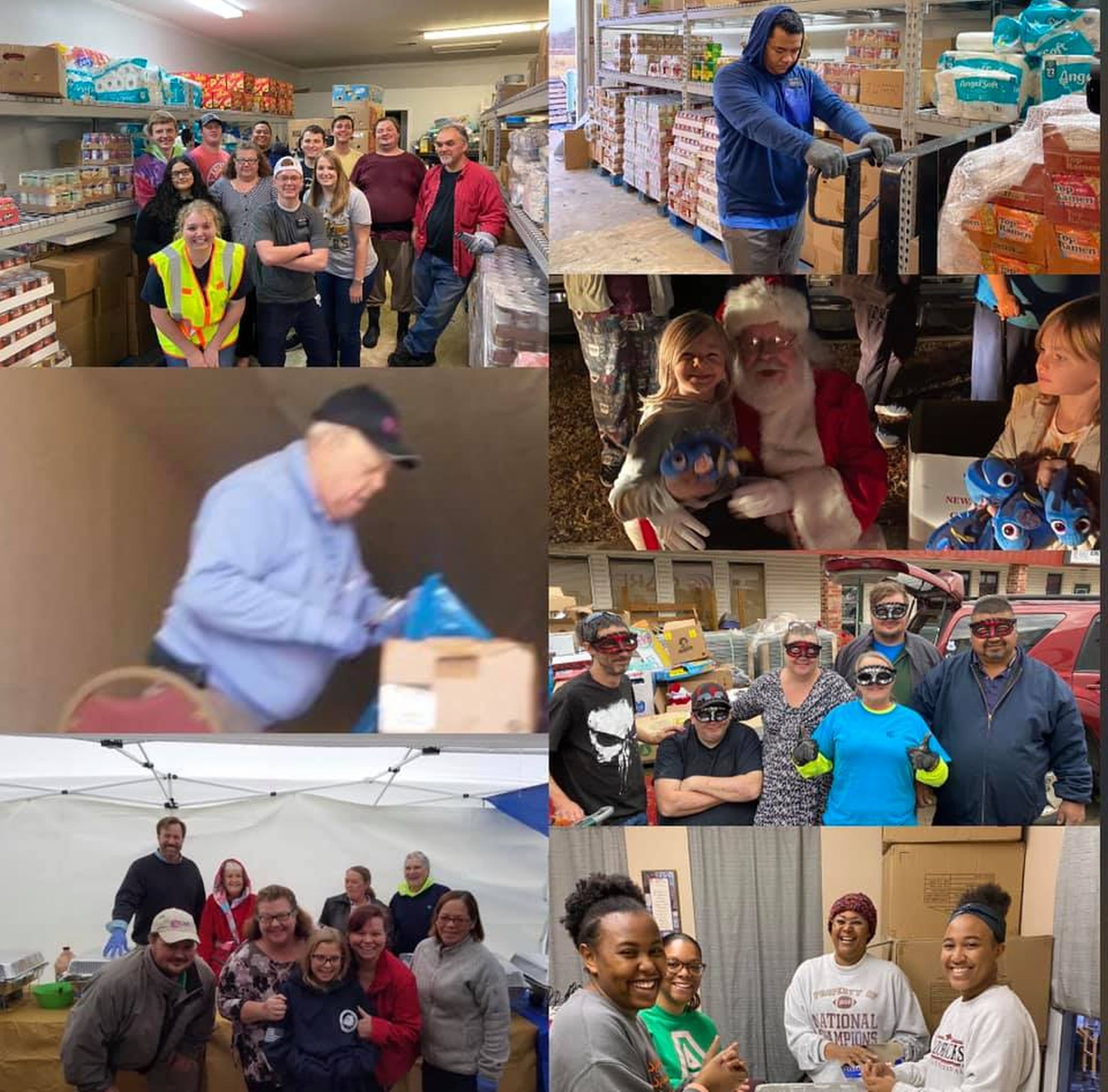 ollage of volunteer activities at the Root Cellar Food Pantry, including people organizing food and non-food items on shelves, handling boxes in a storage area, and a person dressed as Santa Claus engaging with children during a community event.