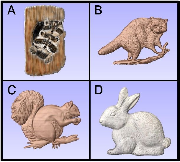 GA16740 - 3-D Carvings of Bunny, Squirrel, Raccoon and Baby Raccoons in a Log 
