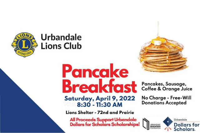Pancake Breakfast Saturday, April 9 2022 at Lions Shelter