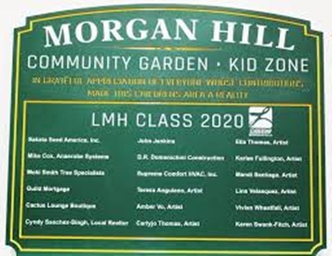 M9110 -Engraved Green & White  Color-Core High-Density Polyethylene (HDPE) Morgan Hill Community Garden Sign , with Yellow  Epoxy Resin Filled Border