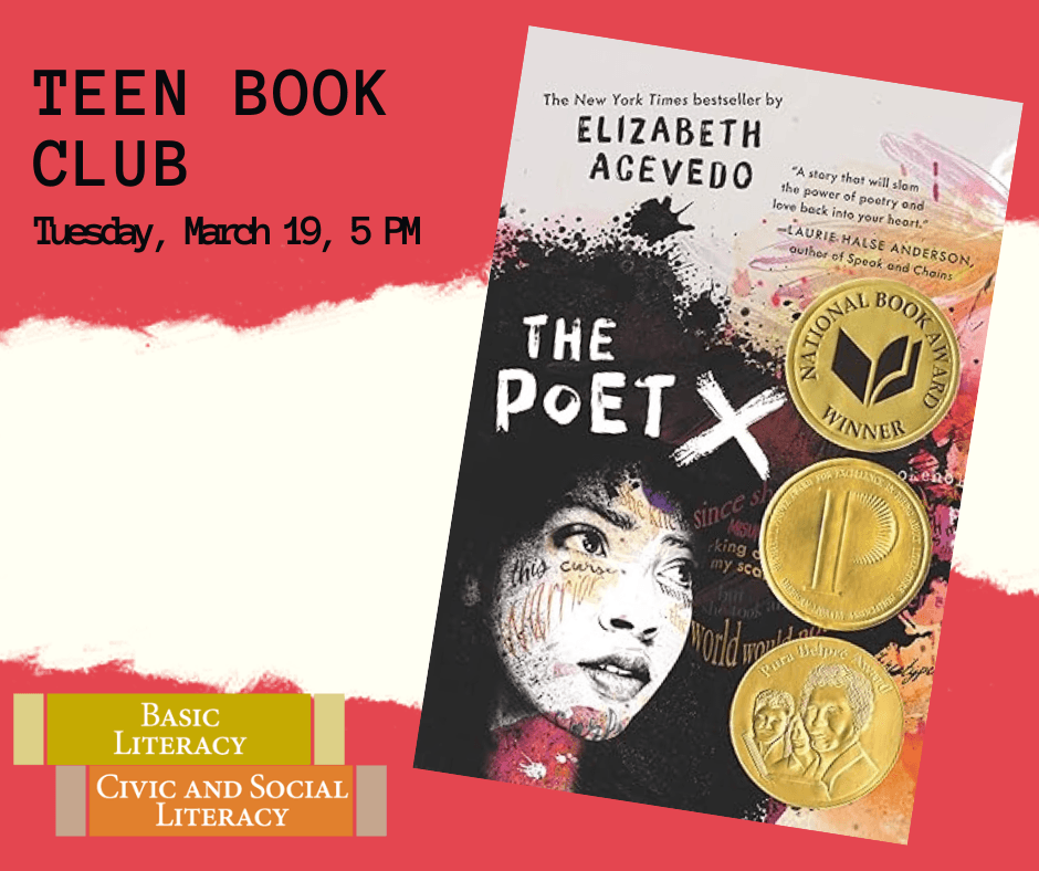 The book cover for the book:  The Poet X.  It features a teenage African-American girl.