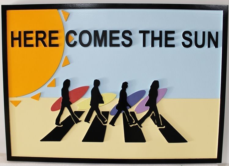 L21707 -  Carved HDU Address Sign with four  Surfers  "Here Comes the Sun" 