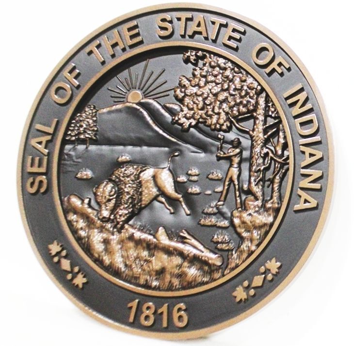 BP1216A - Carved 3-D Brass-plated Plaque of the Seal of the State of Indiana