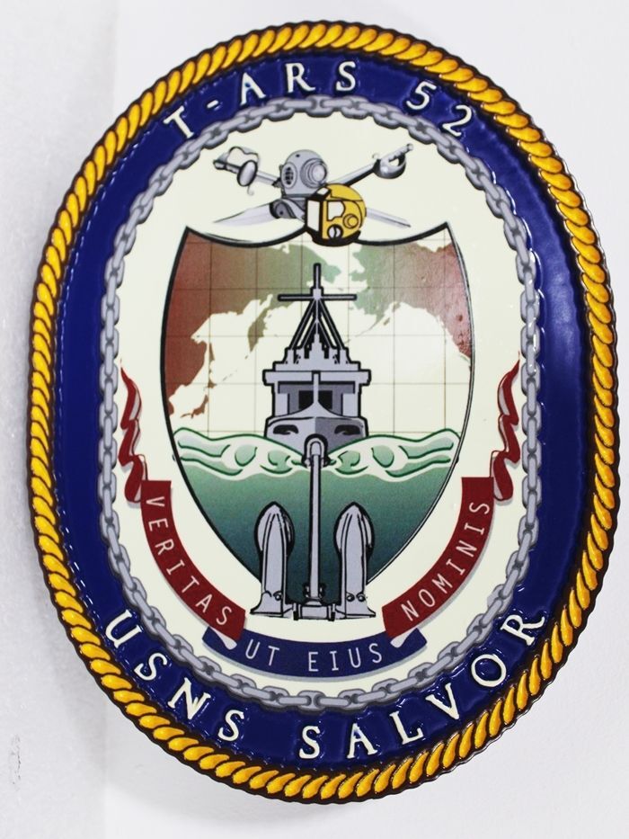 JP-1281 - Carved Plaque of the Crest of the USNS Salvor, T-ARS 52, a Safeguard-class Rescue and Salvage Ship