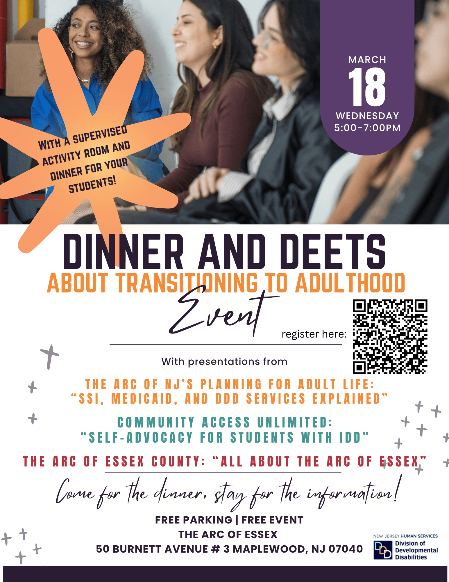 Join Planning for Adult Life, Community Access Unlimited, and The Arc of Essex County for dinner, information about transitioning to adulthood, and a little community!