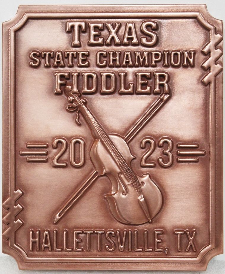 UP-3170 - Carved 3-D Bas-Relief Bronze-Plated HDU Plaque for the Texas State Champion Fiddler   