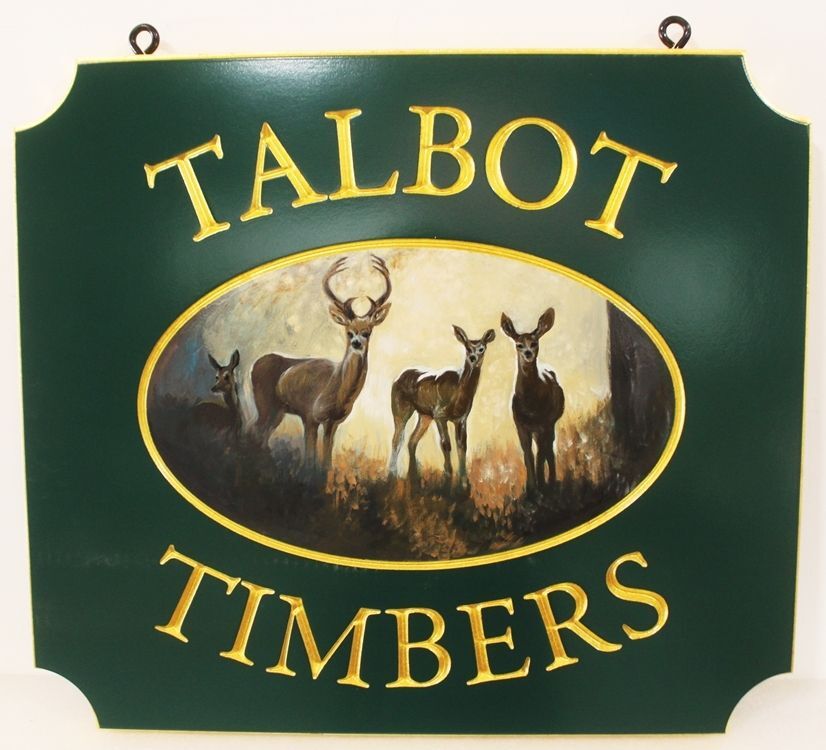 M22609 - Carved and Engraved Property Sign for "Talbot Timbers" with Deer Artwork